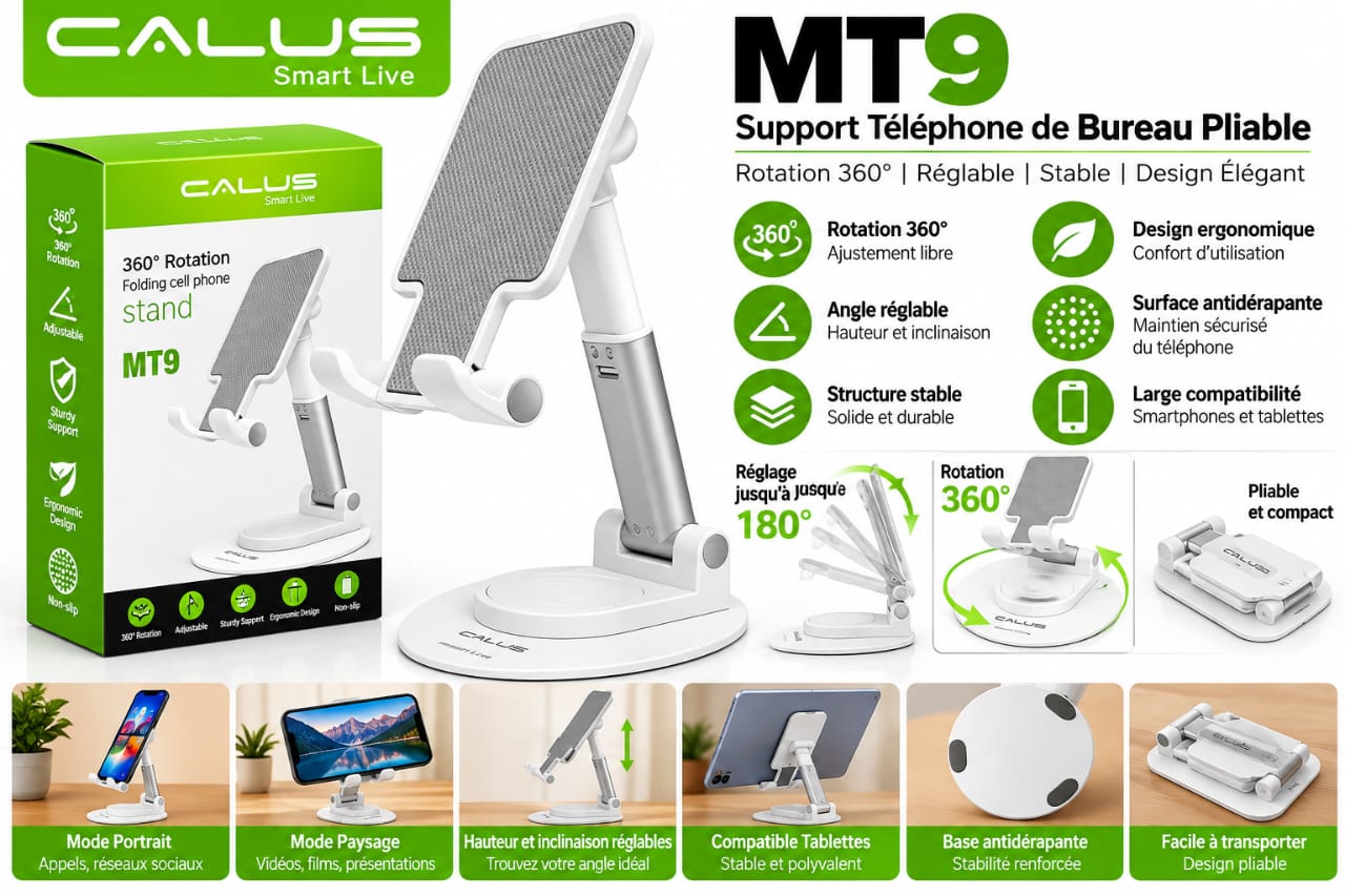 Support Téléphone de Bureau CALUS MT9 Pliable – Rotation 360°, Hauteur Réglable, Support Smartphone et Tablette