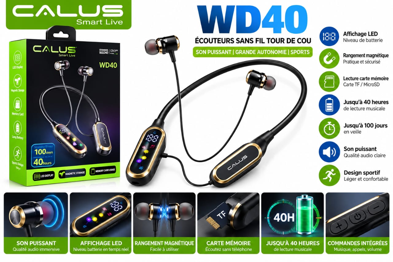Écouteurs Bluetooth CALUS WD40 Tour de Cou – 40H d’Autonomie, Écran LED, Carte TF, Rangement Magnétique et Son Puissant