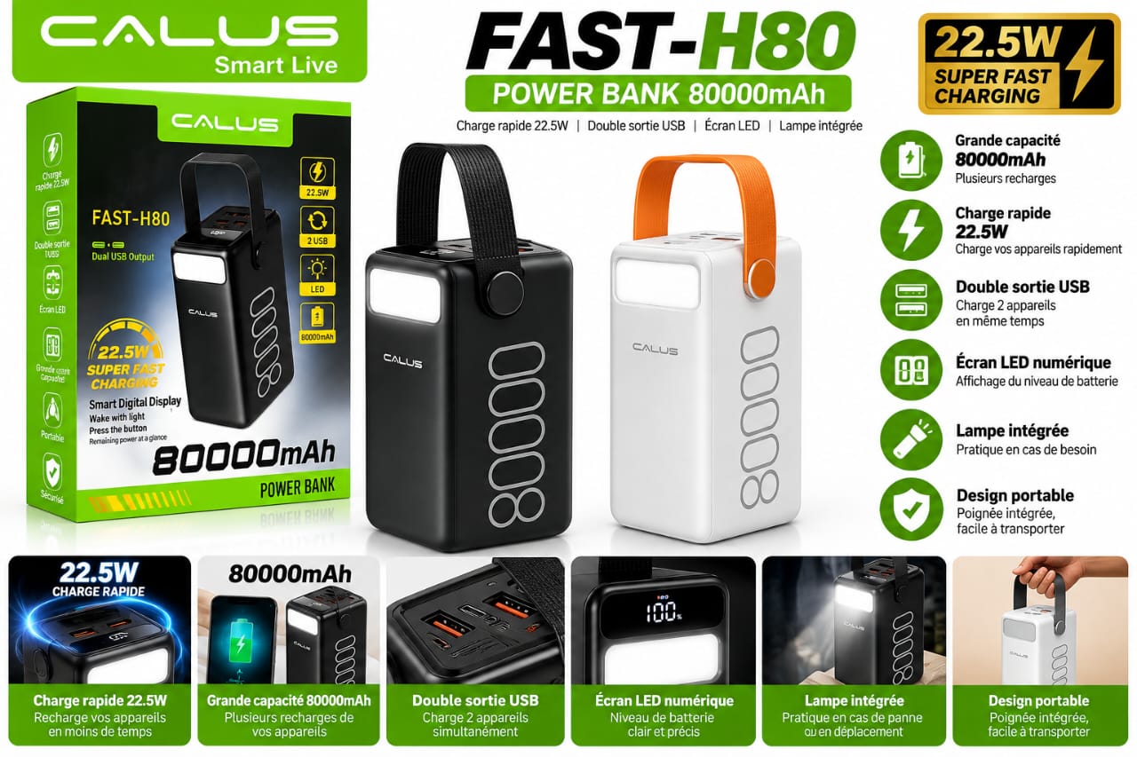 Power Bank CALUS FAST-H80 80000mAh – Charge Rapide 22,5W, Double USB, Écran LED et Lampe Intégrée