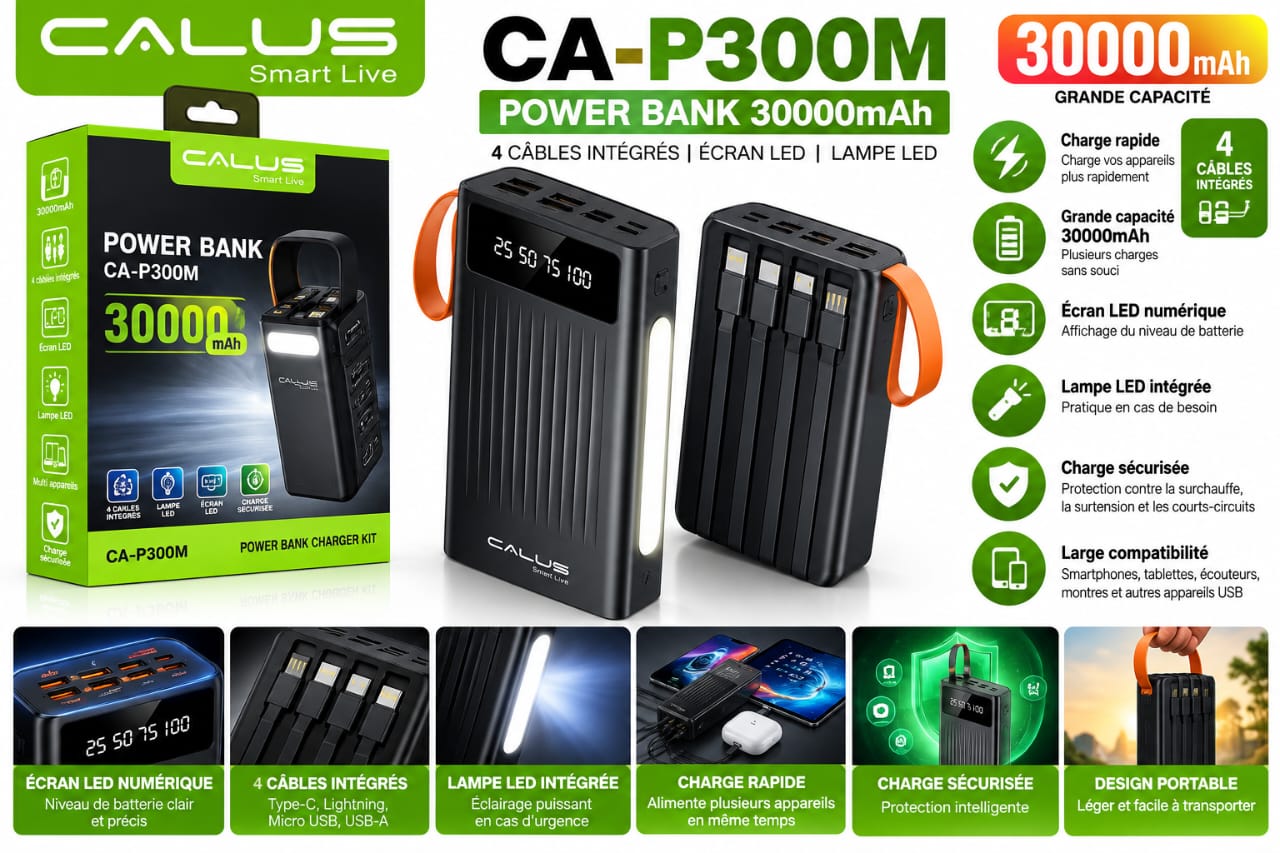 Power Bank CALUS CA-P300M 30 000mAh – 4 Câbles Intégrés, Écran LCD, Lampe LED et Double USB