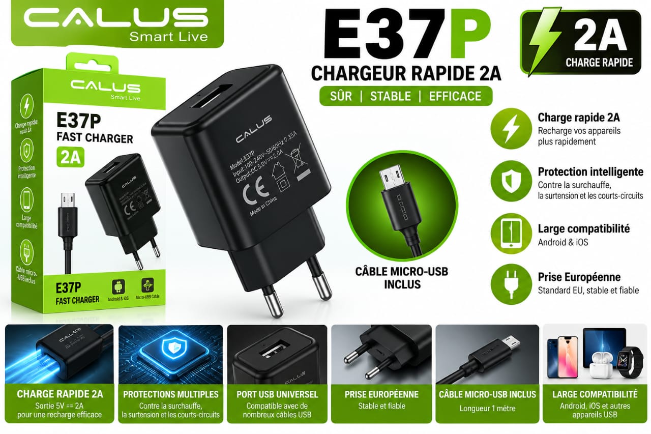 Chargeur Secteur CALUS E37P 2A – Charge Rapide 5V/2A avec Câble Micro-USB 1 mètre
