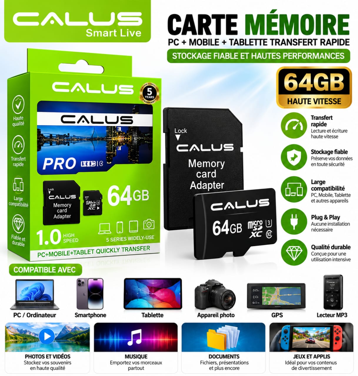Carte Mémoire CALUS Micro SD 64GB PRO avec Adaptateur – Haute Vitesse, SDHC/SDXC, Smartphone, Tablette & Appareil Photo