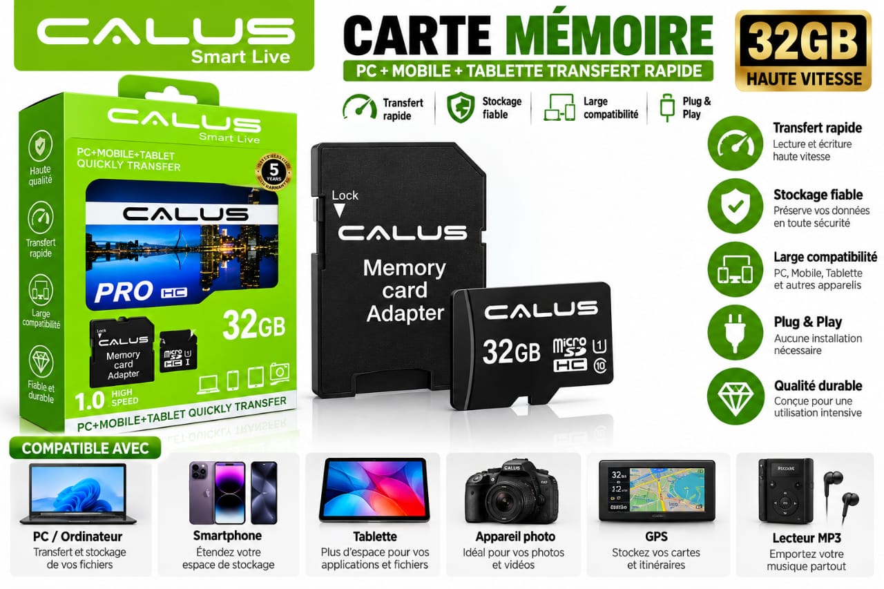 Carte Mémoire CALUS Micro SD 32GB PRO avec Adaptateur SD – Haute Vitesse, U1, SDHC pour Smartphone, Tablette et Appareil Photo