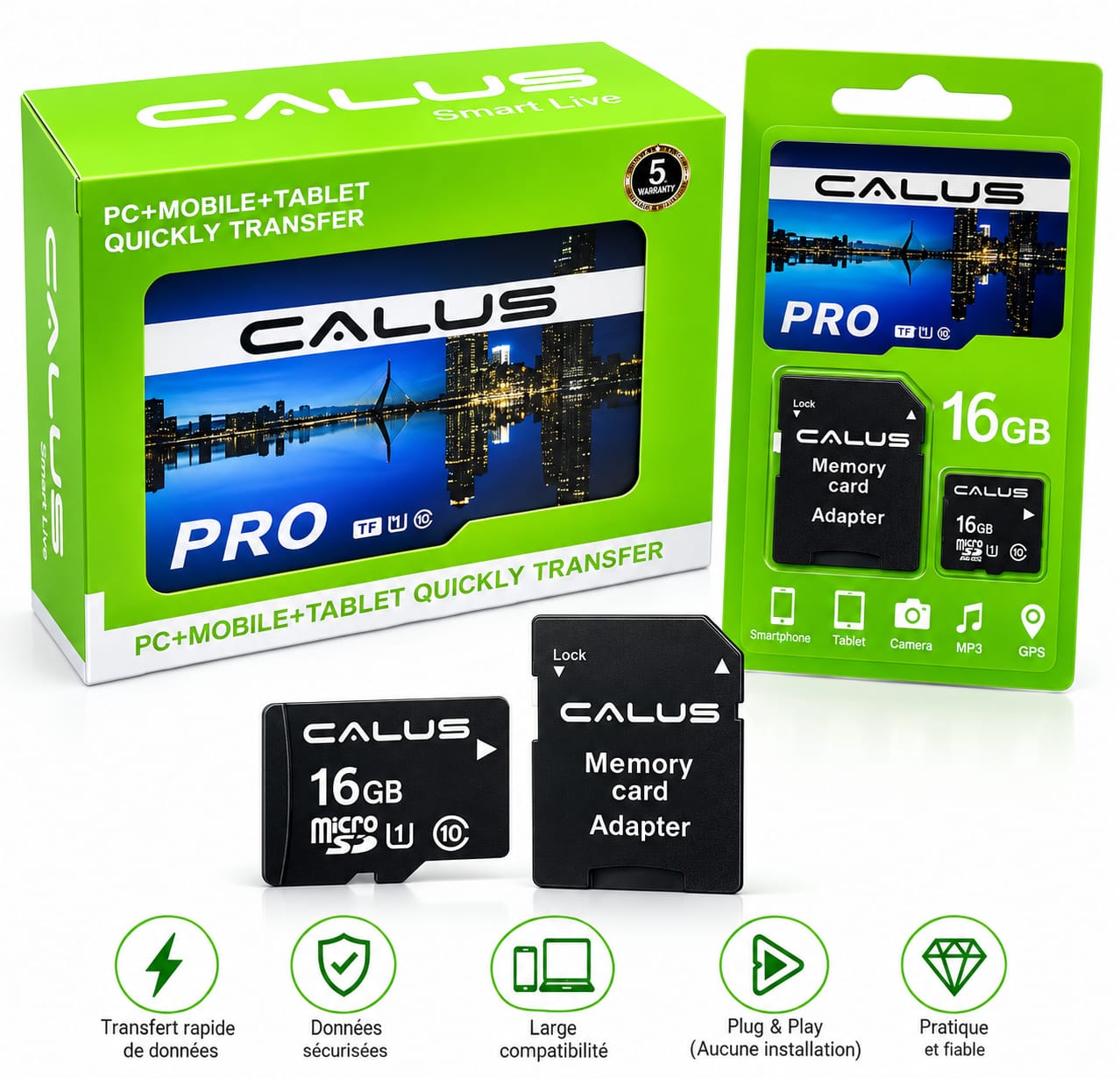 Carte Mémoire MicroSD CALUS PRO 16GB avec Adaptateur SD – Haute Vitesse pour Smartphone, Tablette, Appareil Photo et GPS