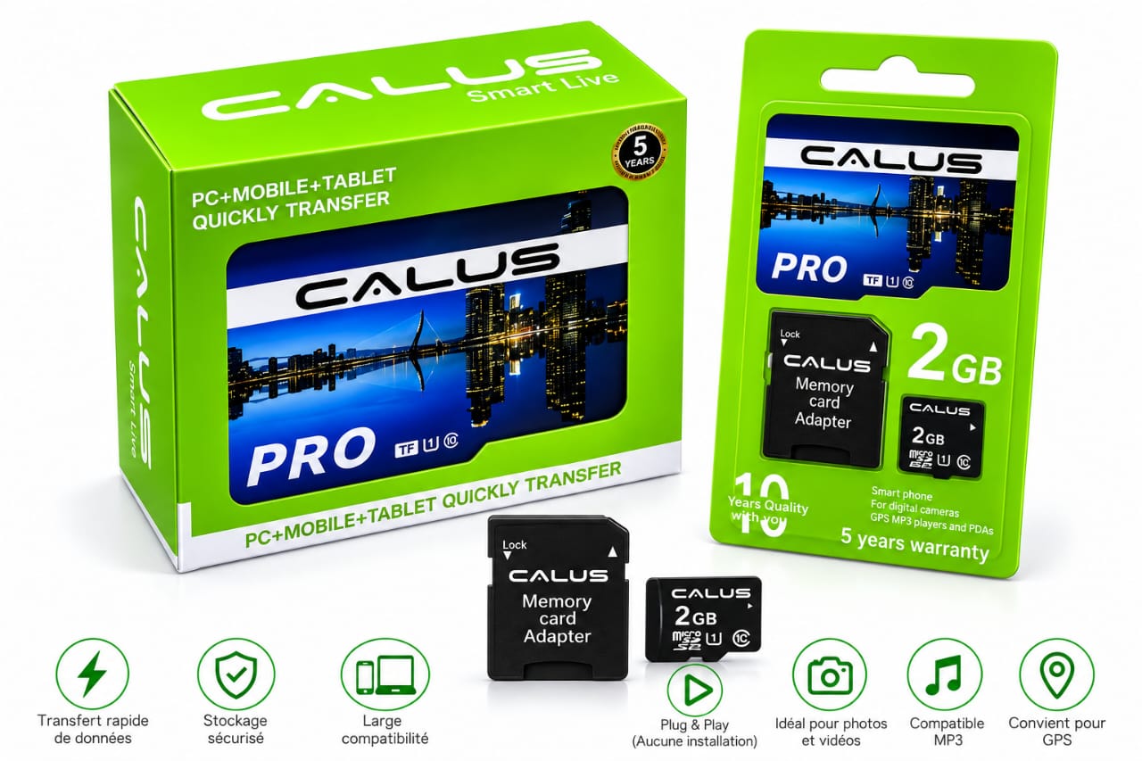 Carte Mémoire MicroSD CALUS PRO 2GB avec Adaptateur SD – Classe 10 pour Smartphone, Appareil Photo, GPS et MP3