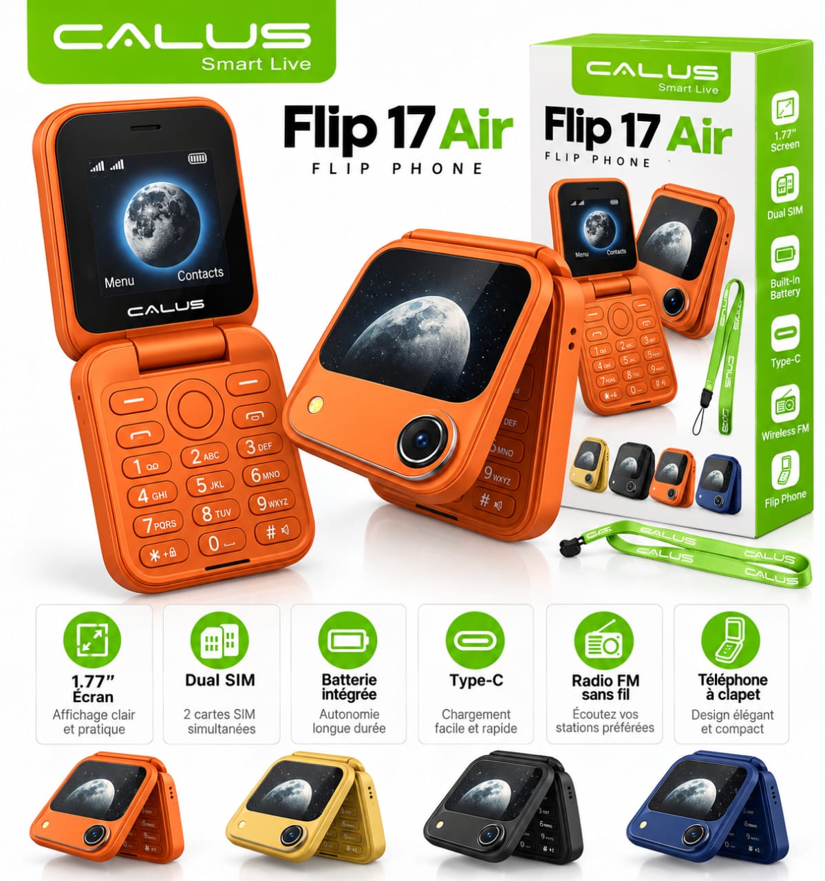 CALUS Flip 17 Air – Téléphone à Clapet 1,77", Double SIM, Radio FM, Appareil Photo et USB Type-C