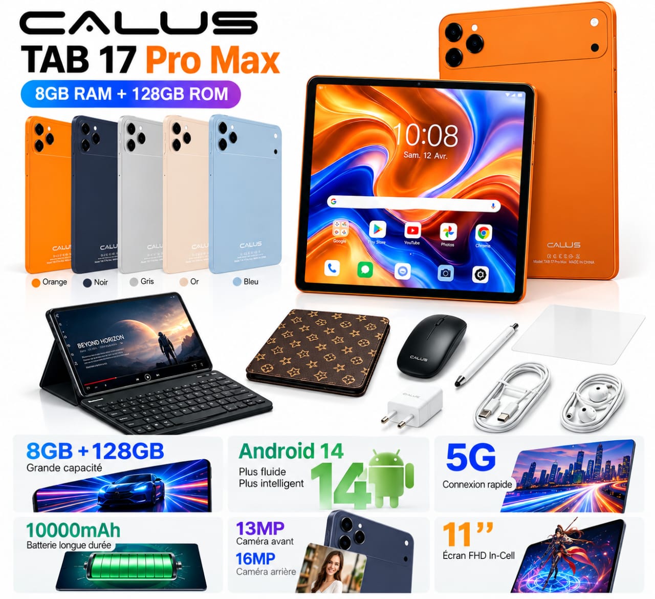 Tablette CALUS TAB 17 Pro Max 11" FHD InCell – 8Go RAM + 128Go ROM, Android 14, 5G Wi-Fi, 10 000 mAh + Pack Complet