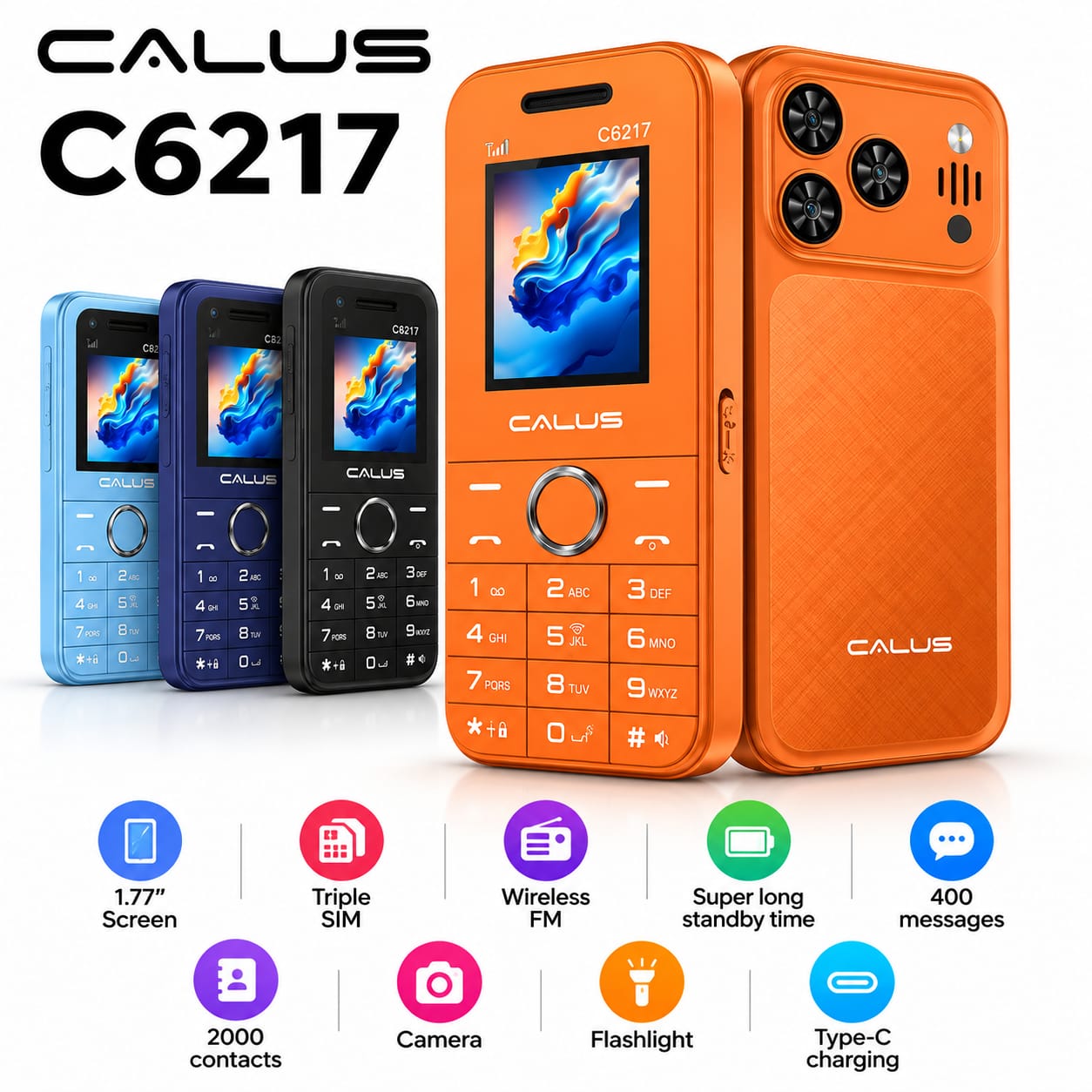 Téléphone CALUS C6217 Triple SIM – Écran 1,77", Batterie Longue Autonomie, Radio FM, Appareil Photo et USB Type-C