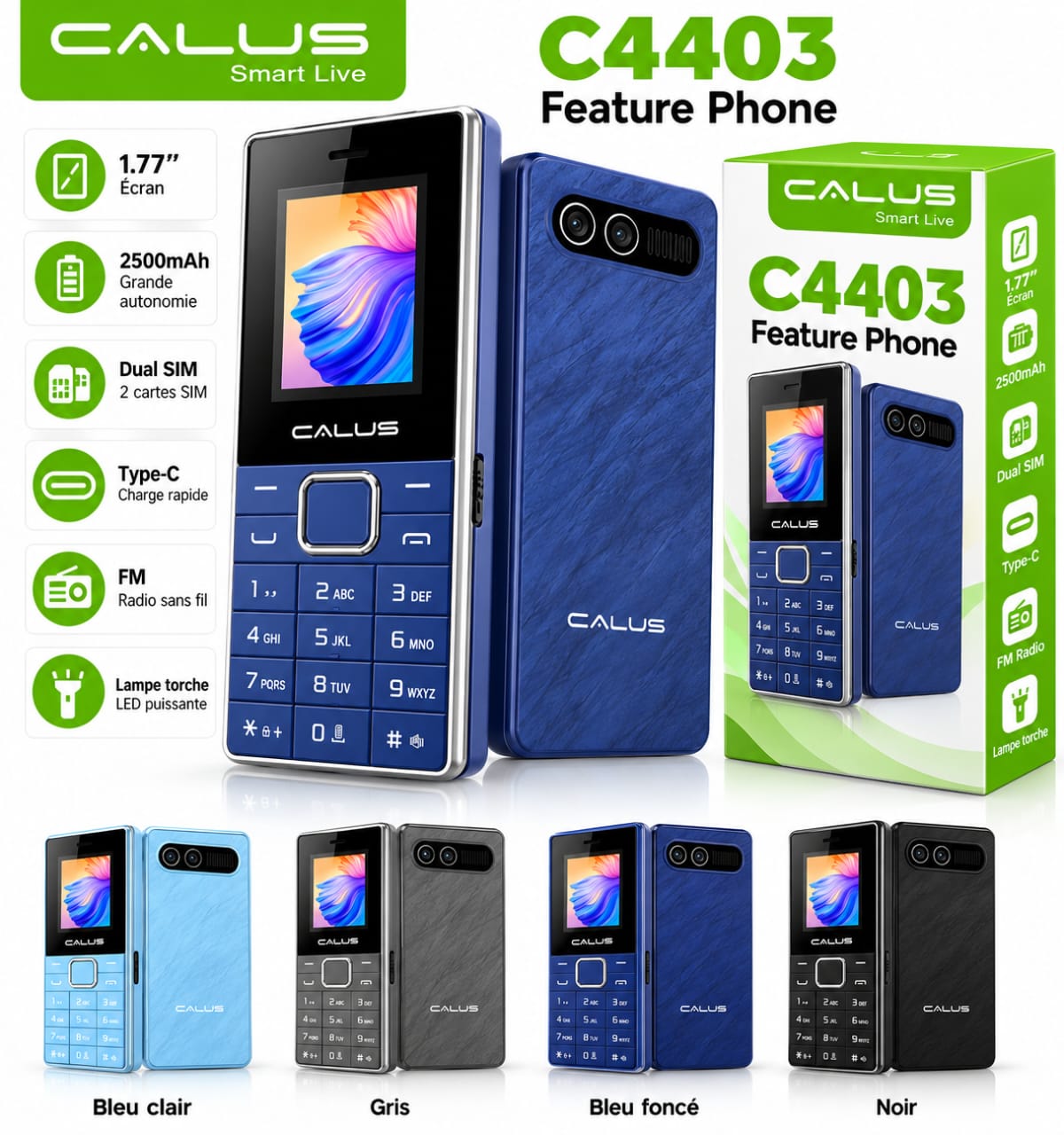 Téléphone CALUS C4403 Double SIM – Écran 1,77", Batterie 2500mAh, Radio FM, USB Type-C et Lampe Torche