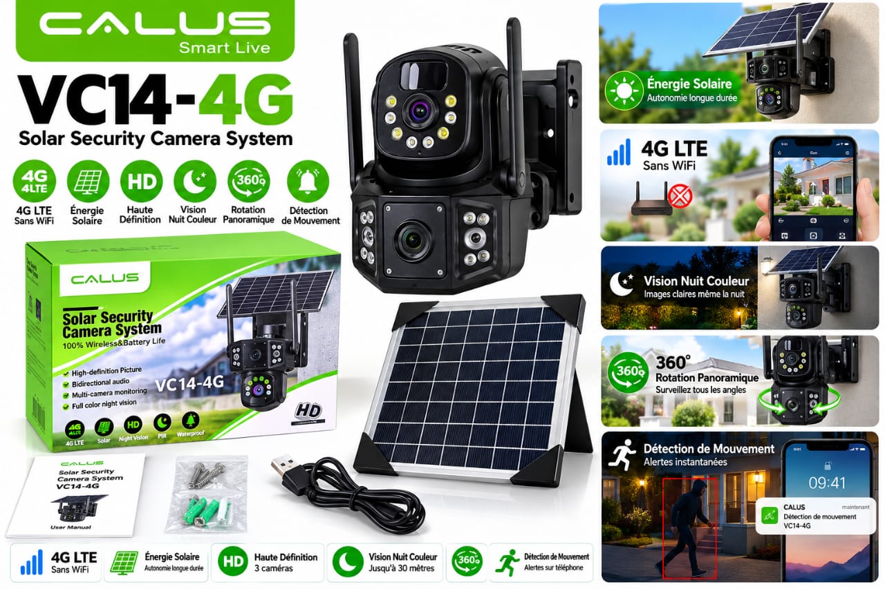 Caméra de Surveillance Solaire CALUS VC14-4G – 4G LTE, 3MP HD, Vision Nocturne Couleur, 360°, Détection de Mouvement