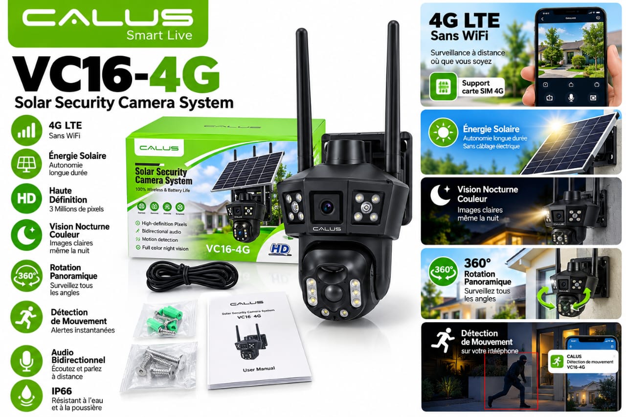 Caméra de Surveillance Solaire CALUS VC16-4G 4G LTE HD – Sans WiFi, Vision Nocturne Couleur, Rotation 360°