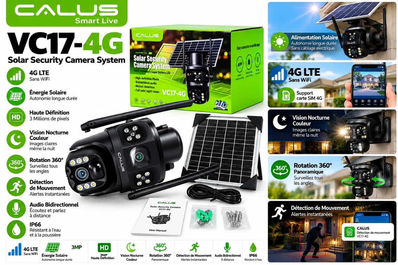 Caméra de Surveillance Solaire CALUS VC17-4G – 4G LTE Sans WiFi, 3MP, Vision Nocturne Couleur, Rotation 360°