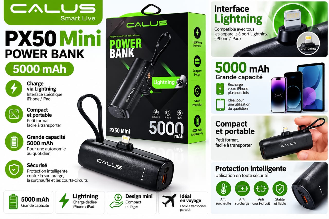 CALUS PX50 Mini Power Bank 5000mAh avec Connecteur Lightning Intégré – Batterie Externe Compacte pour iPhone
