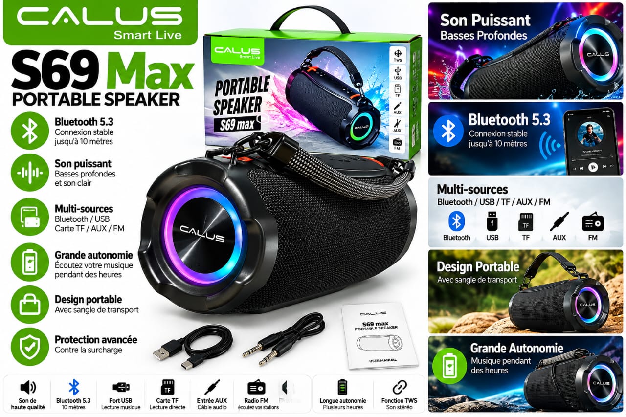 Enceinte Bluetooth CALUS S69 Max Portable – Bluetooth 5.3, TWS, USB, TF, AUX, Radio FM et Éclairage LED