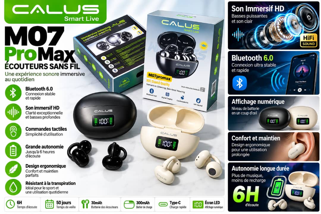 Écouteurs Sans Fil CALUS M07 ProMax Bluetooth 6.0 – Hi-Fi, Écran LED, 6H d’Autonomie, Boîtier 300mAh