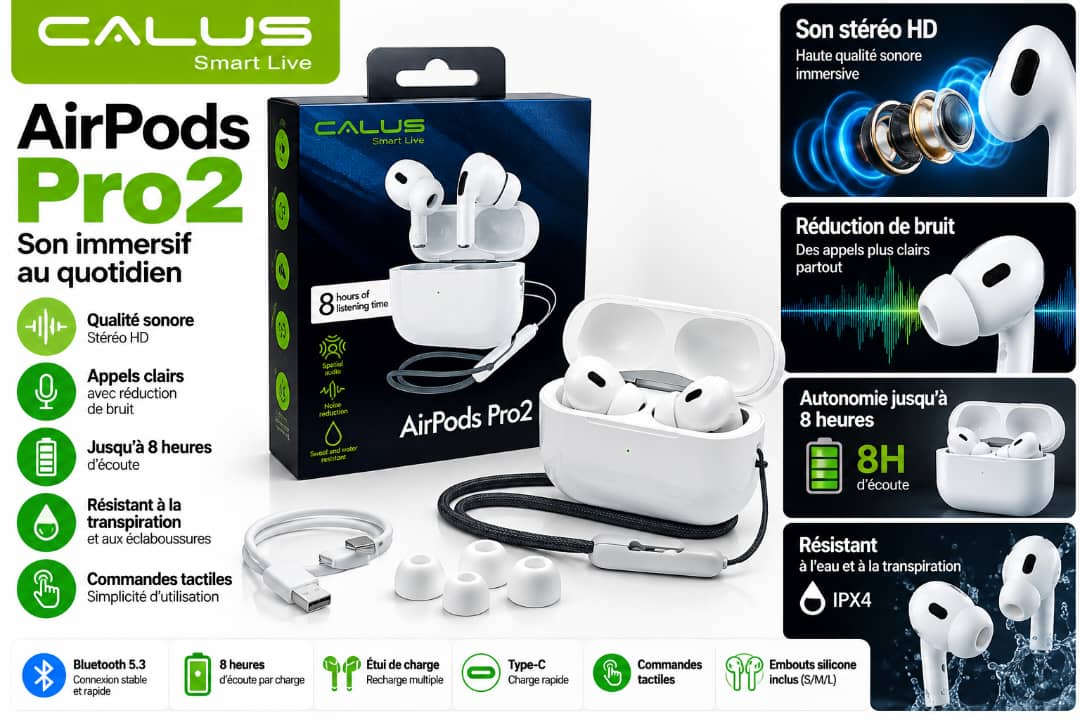 Écouteurs Sans Fil CALUS AirPods Pro2 – Bluetooth, Son Stéréo HD, Réduction du Bruit, Jusqu’à 8H d’Autonomie