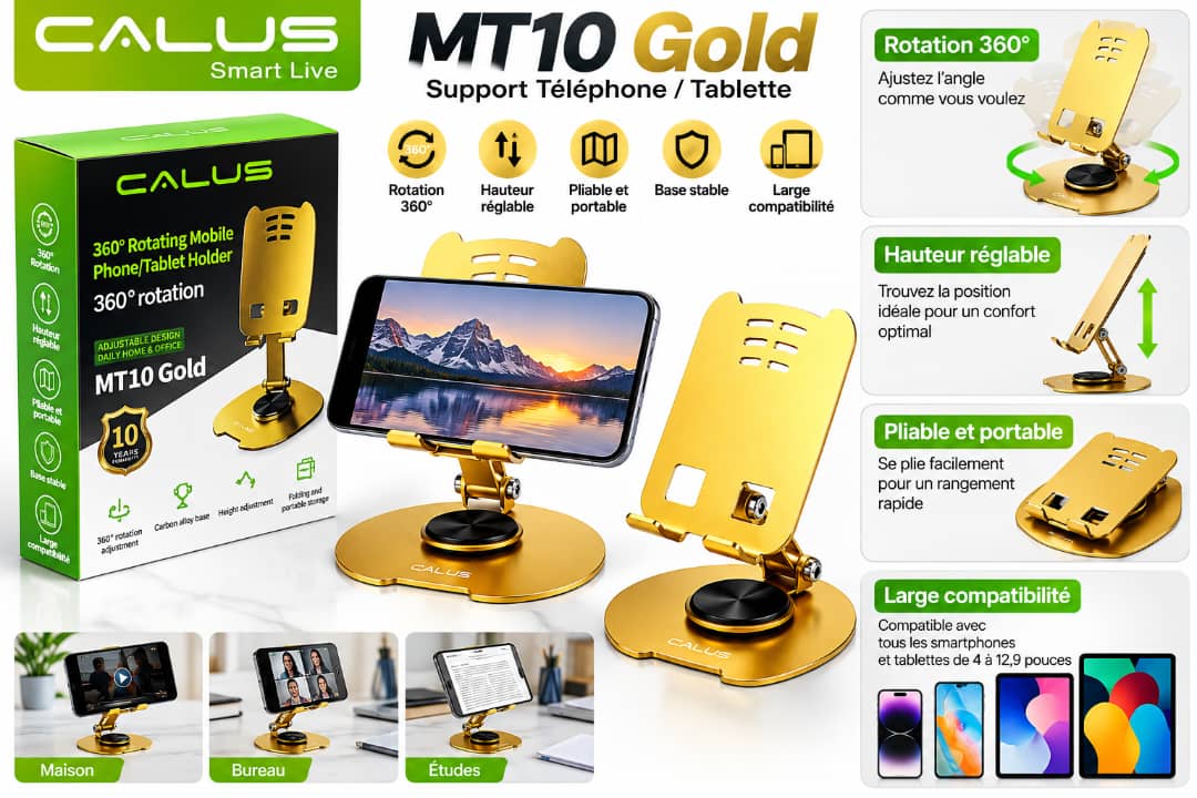 Support Téléphone & Tablette CALUS MT10 Gold – Rotation 360°, Hauteur Réglable, Pliable et Portable