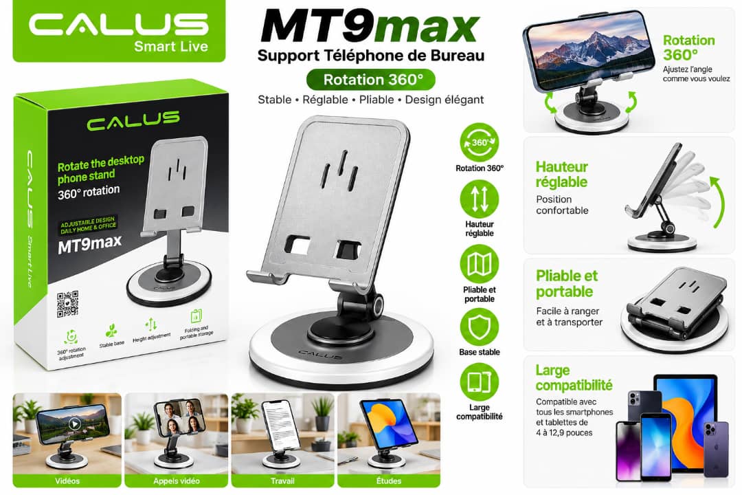 Support Téléphone CALUS MT9max – Rotation 360°, Hauteur Réglable, Pliable et Portable