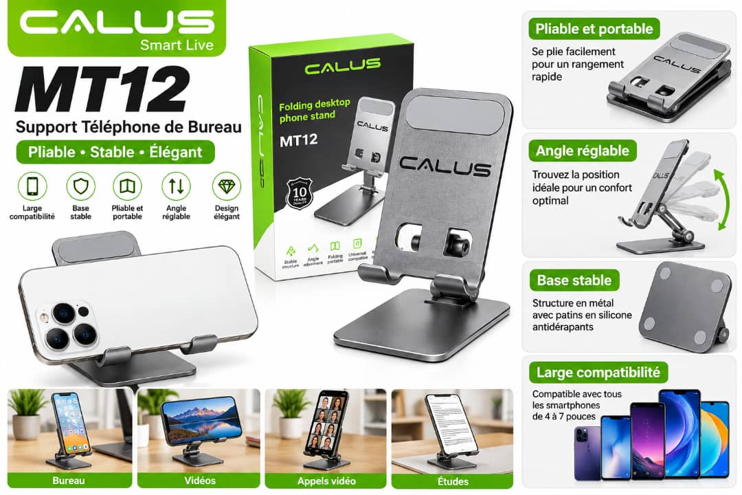 Support Téléphone de Bureau CALUS MT12 – Pliable, Stable, Réglable et Portable
