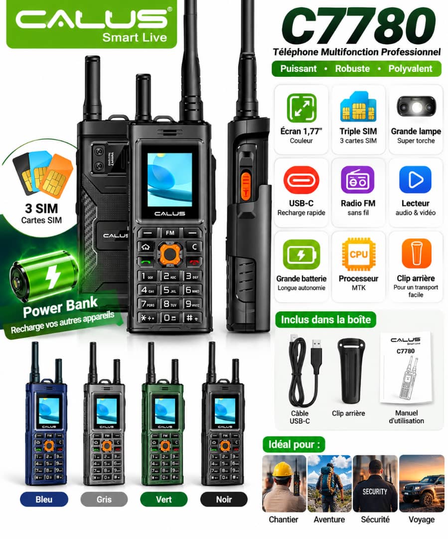 Téléphone CALUS C7780 3 SIM – Écran 1,77", Super Torche, USB-C, Radio FM et Power Bank