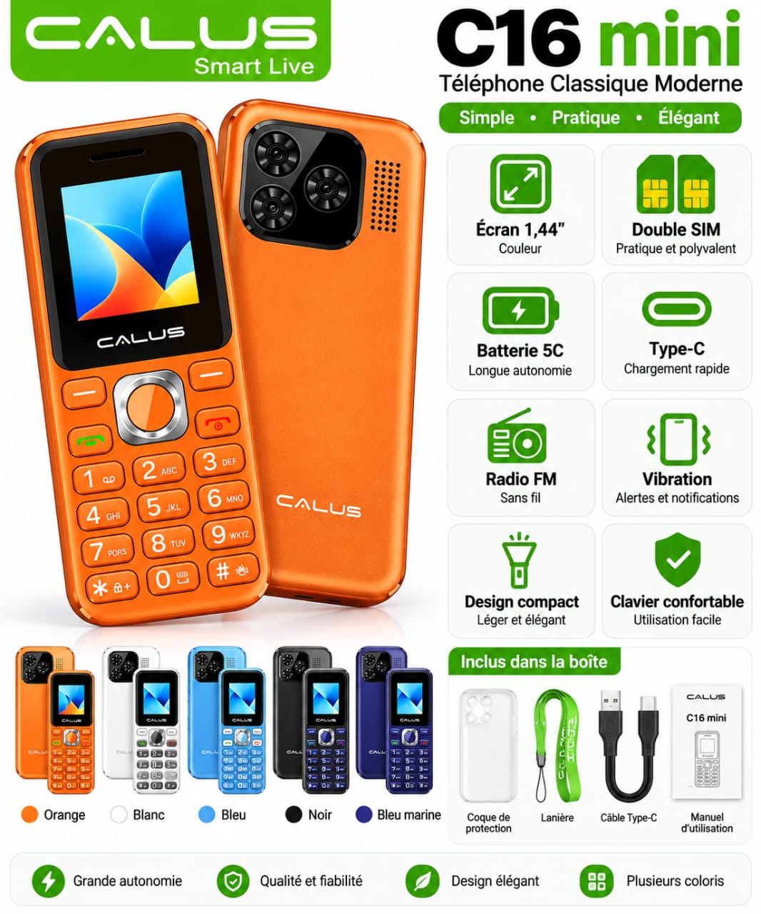 Téléphone CALUS C16 Mini – Écran 1,44", Double SIM, Batterie Longue Autonomie, USB-C et Radio FM