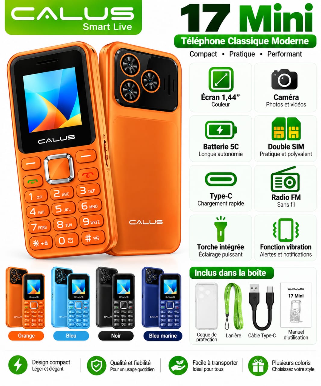 Téléphone CALUS 17 Mini – Écran 1,44", Double SIM, Batterie Longue Autonomie, USB-C, Radio FM et Torche