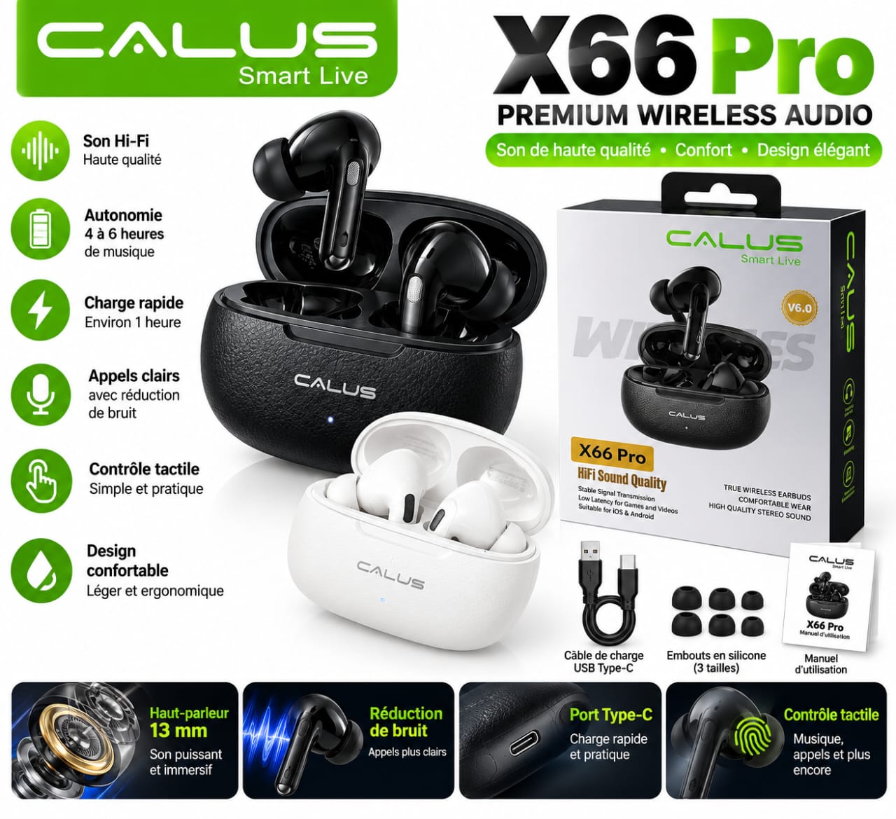 Écouteurs Sans Fil CALUS X66 Pro Bluetooth 6.0 – Haut-Parleurs 13 mm, Son Hi-Fi, 4 à 6H d’Autonomie