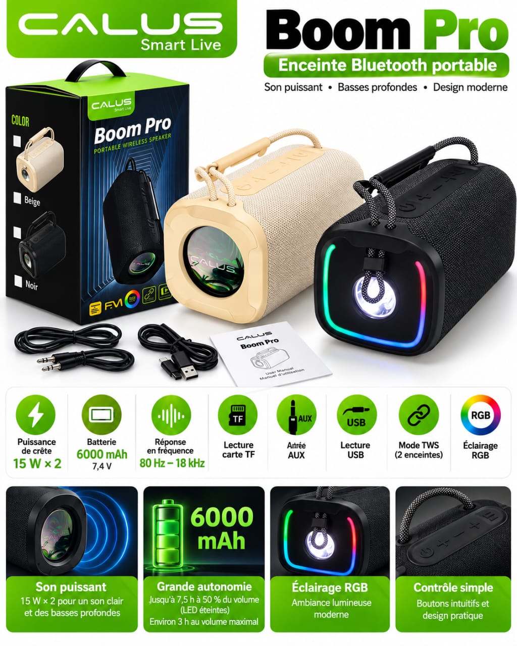 Enceinte Bluetooth CALUS Boom Pro 30W – Batterie 6000mAh, Éclairage RGB, TWS, USB, AUX et Carte TF