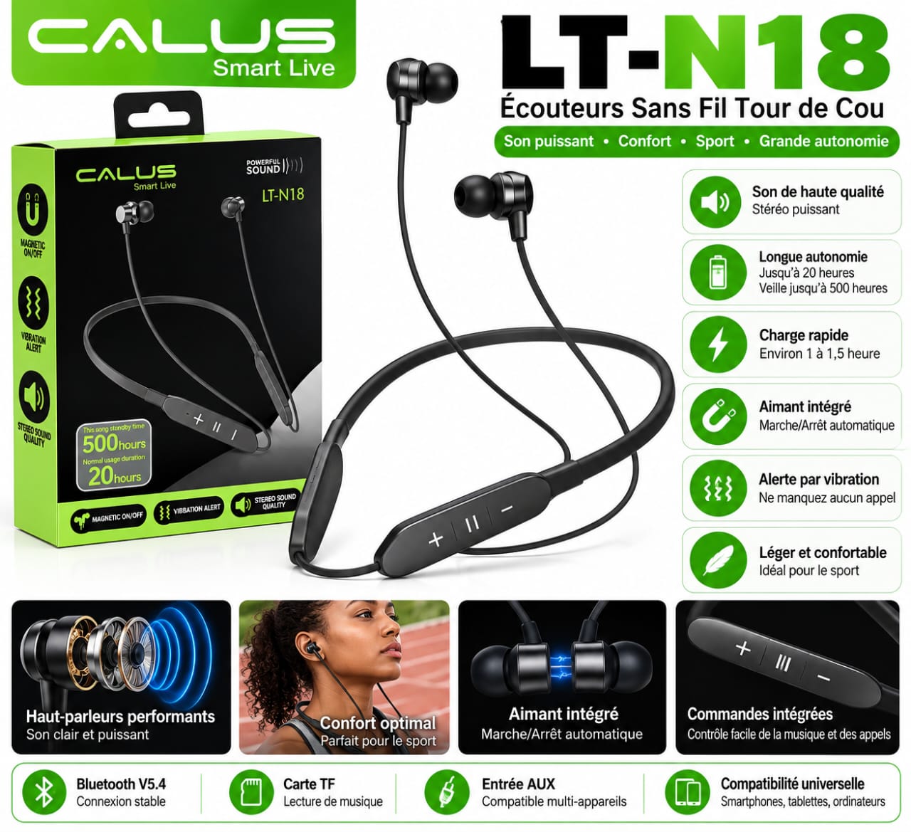 Écouteurs Bluetooth CALUS LT-N18 Tour de Cou – Bluetooth 5.4, Autonomie 20H, Aimants et Alerte par Vibration