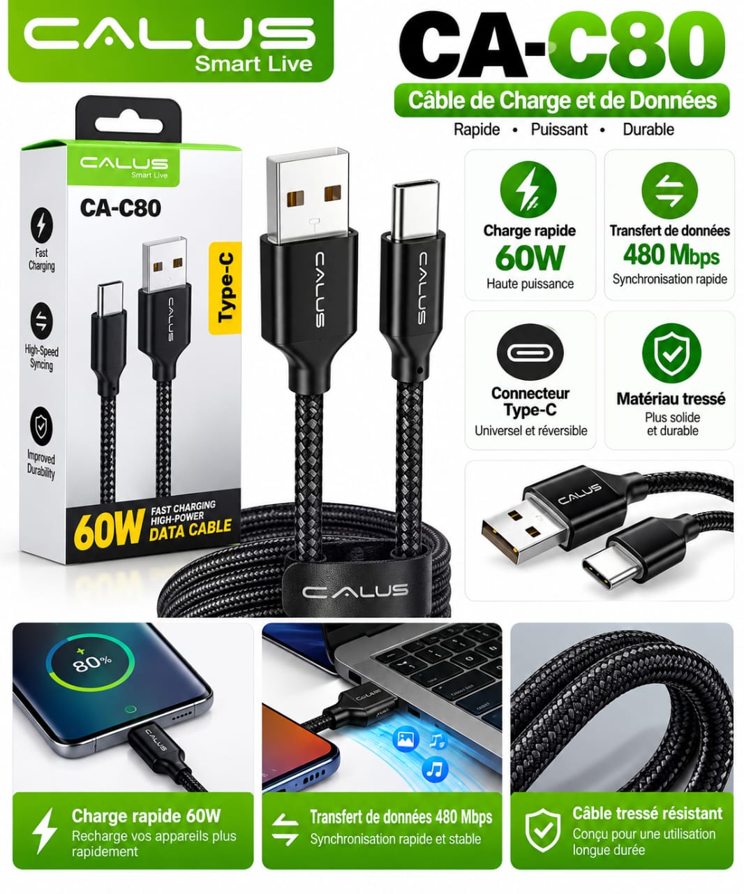 Câble USB-C CALUS CA-C80 60W – Charge Rapide, Transfert de Données 480 Mbps, Tressé, 1 m