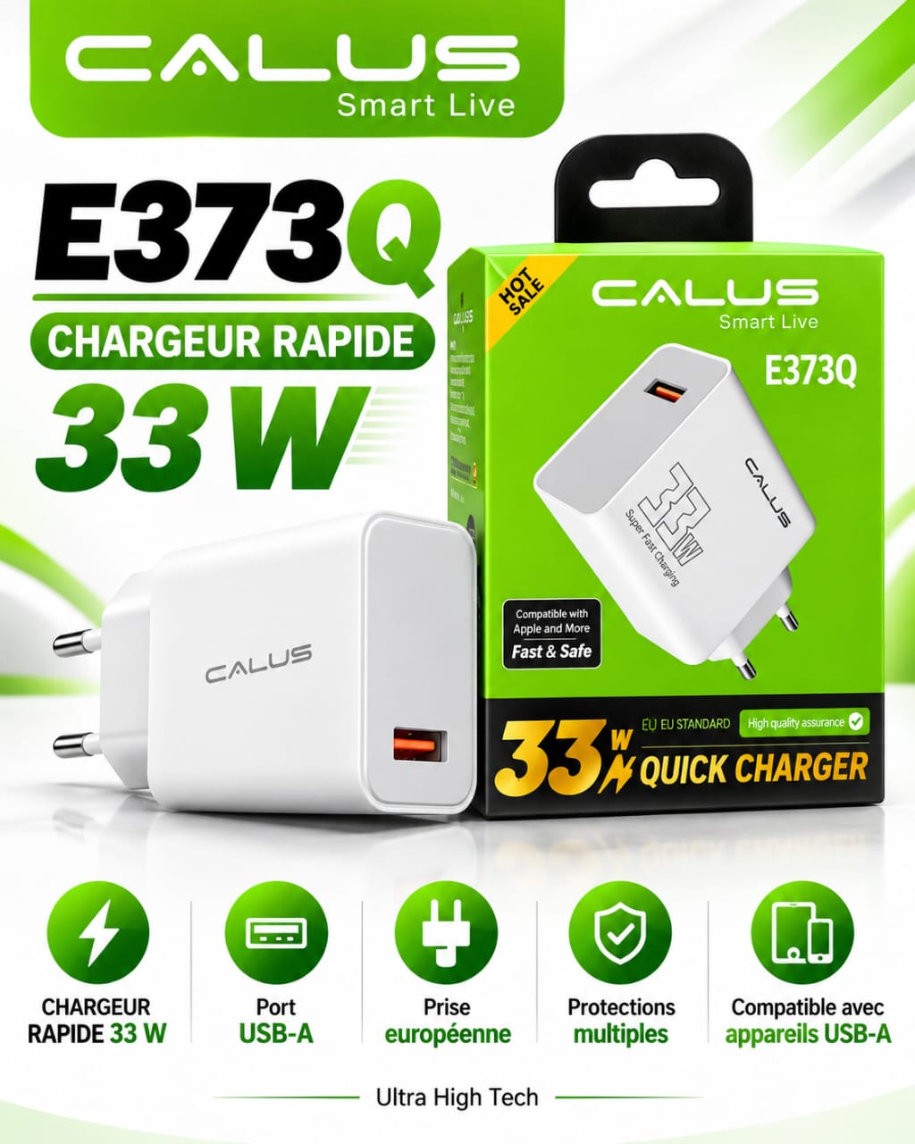 Chargeur Rapide CALUS E373Q 33W – USB-A, Prise Européenne, Chargeur Secteur Blanc