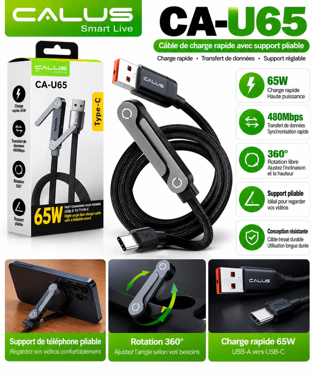 Câble USB-C CALUS CA-U65 65W avec Support Téléphone Pliable – Charge Rapide, Rotation 360° et Transfert 480 Mbps