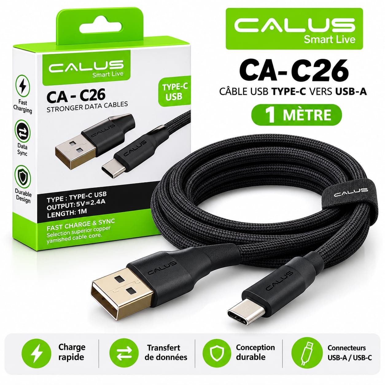 Câble CALUS CA-C26 USB-A vers USB-C 1 m – Charge rapide 2,4 A