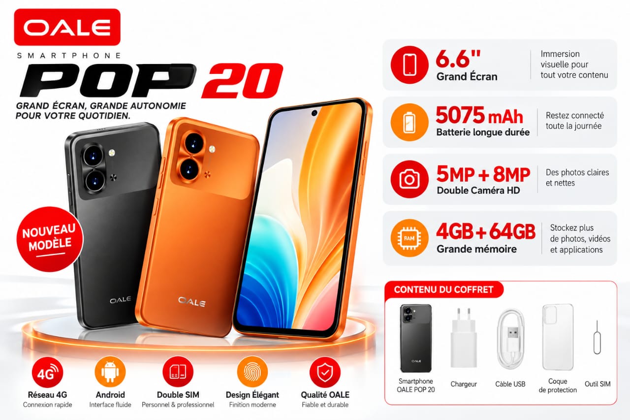 Smartphone OALE POP 20 – 4 Go RAM, 64 Go, Batterie 5075 mAh, Écran 6,6 pouces