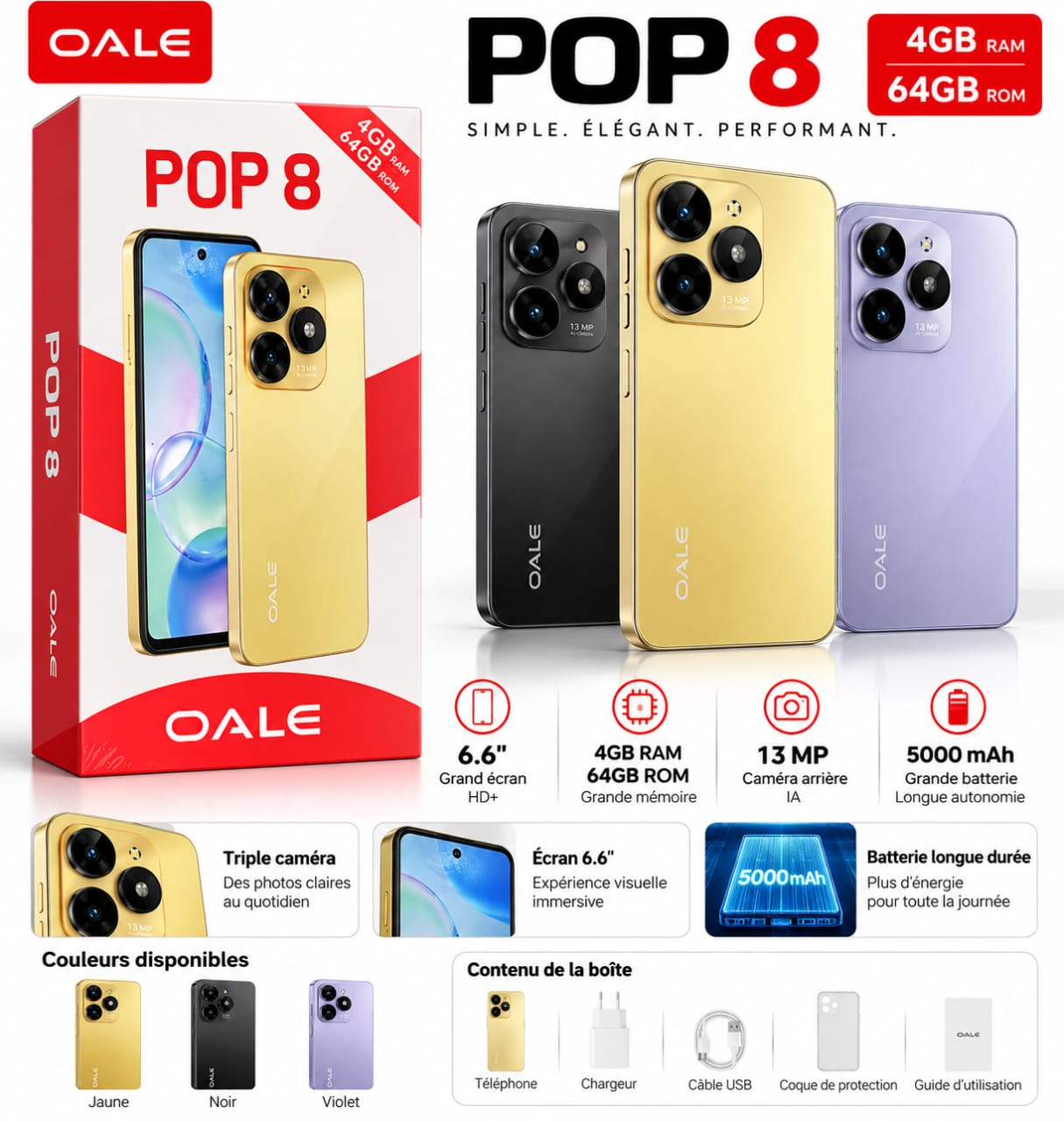Smartphone OALE POP S – 4 Go RAM, 64 Go, Écran 6,6 pouces, Batterie 5075 mAh