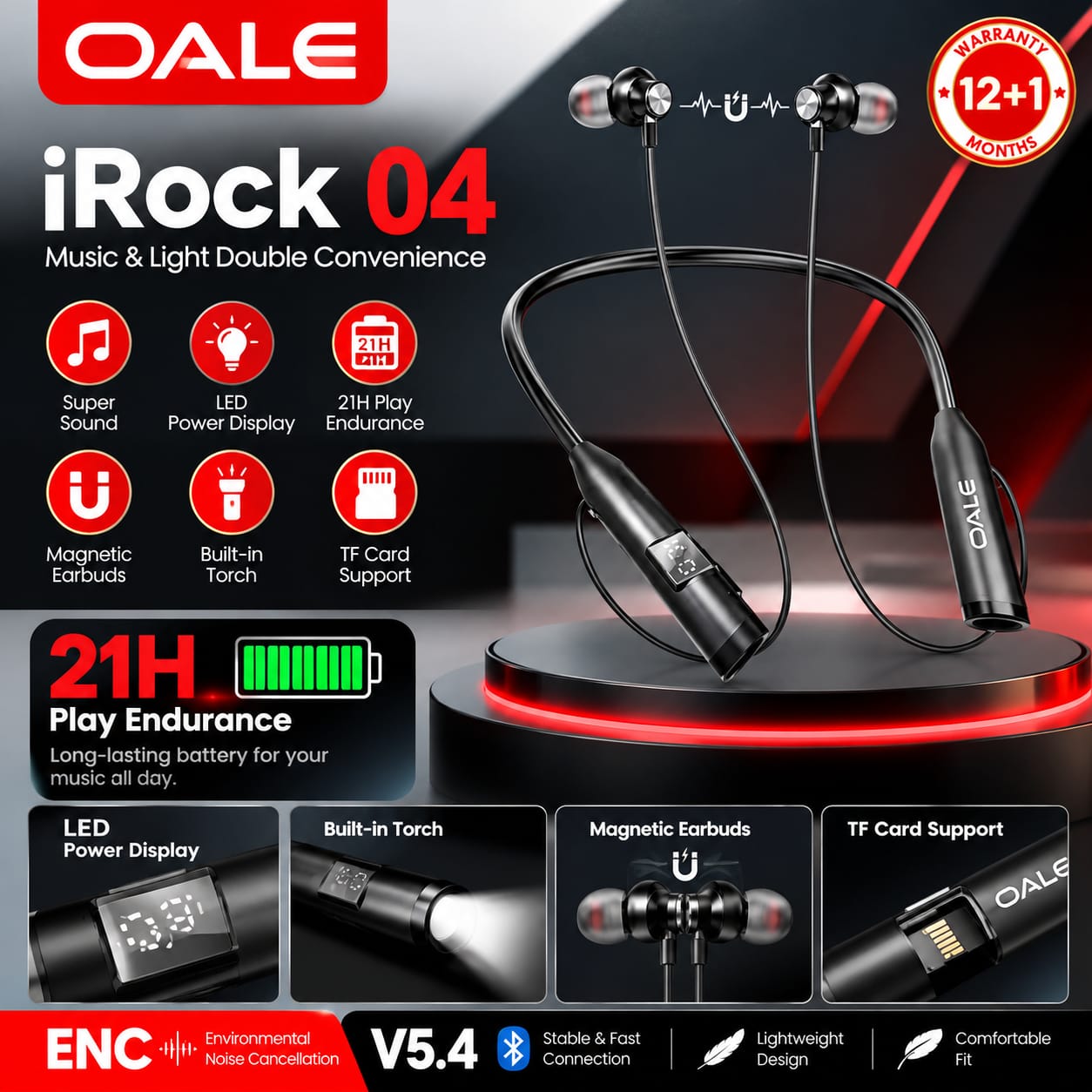 Écouteurs Bluetooth OALE iRock 04 – Bluetooth 5.4, ENC, Autonomie 21 h, Affichage LED