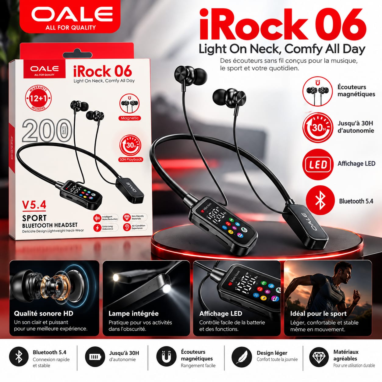 Écouteurs Bluetooth OALE iRock 06 – Bluetooth 5.4, Autonomie 30 h, Affichage LED
