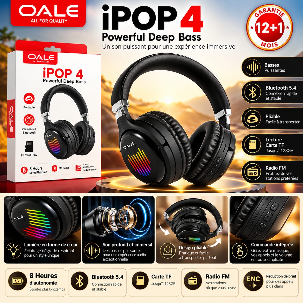 Casque Bluetooth OALE iPOP 4 – Bluetooth 5.4, Basses puissantes, Radio FM et Carte TF