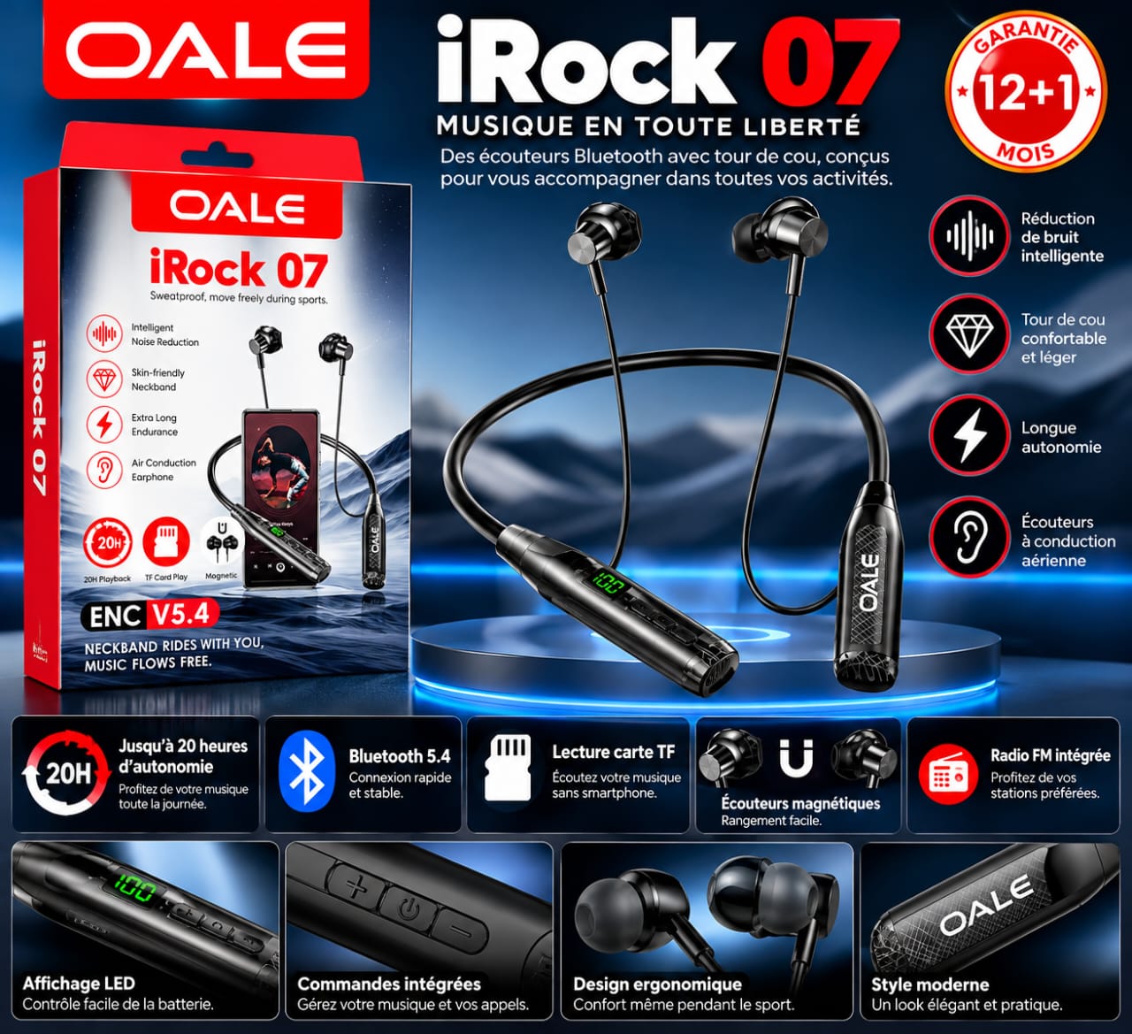 Écouteurs Bluetooth OALE iRock 07 – Bluetooth 5.4, Autonomie 20 h, Radio FM et Carte TF