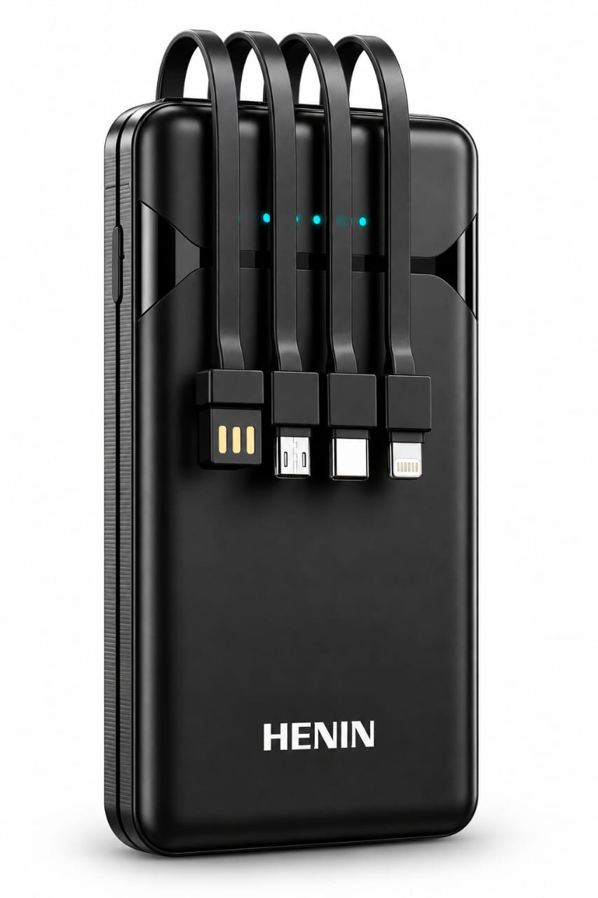 Batterie externe HENIN PF10000 – 10 000 mAh avec câbles intégrés et charge rapide