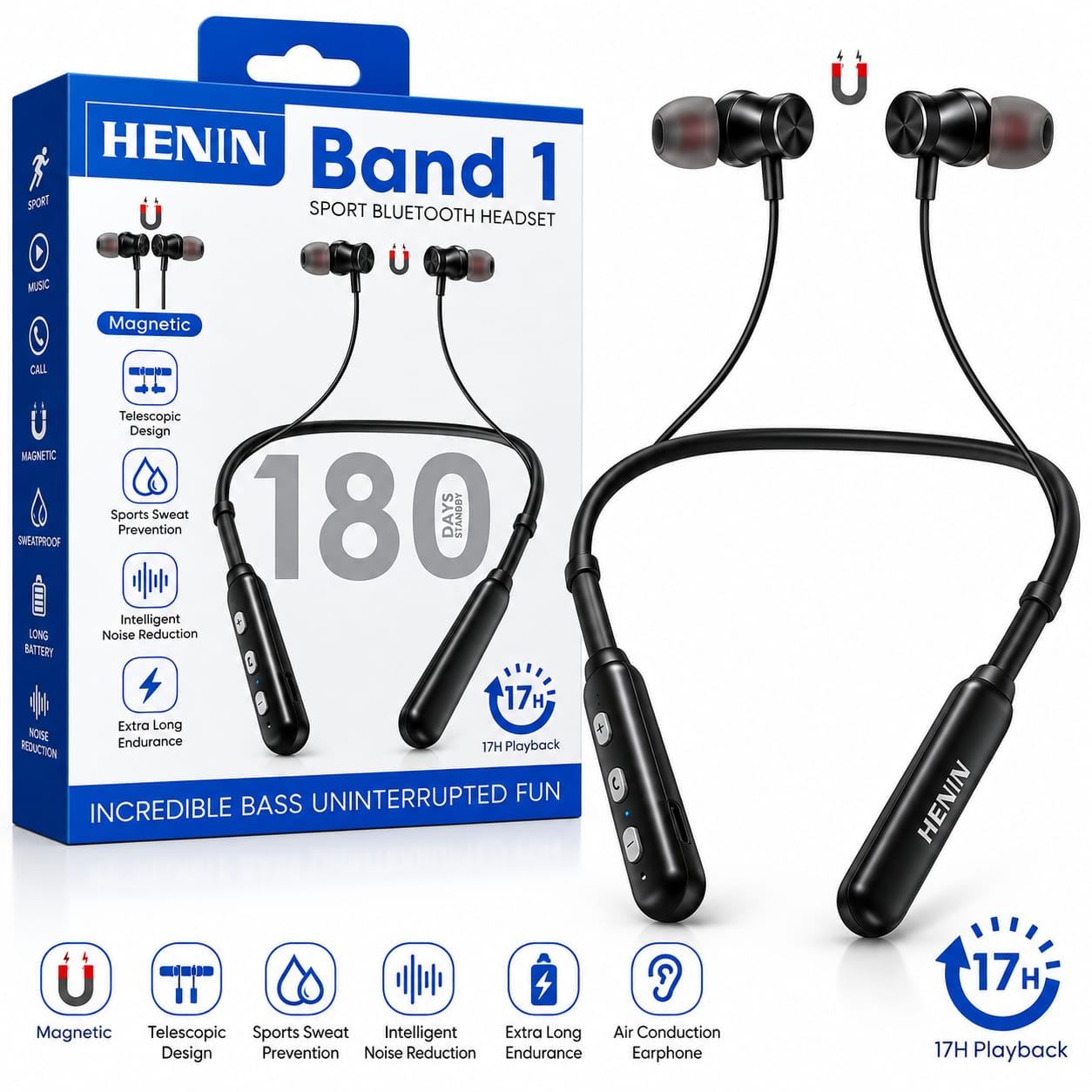 Écouteurs Bluetooth HENIN Band 1 Sport – Magnétiques, Réduction du Bruit et 17H d'Autonomie