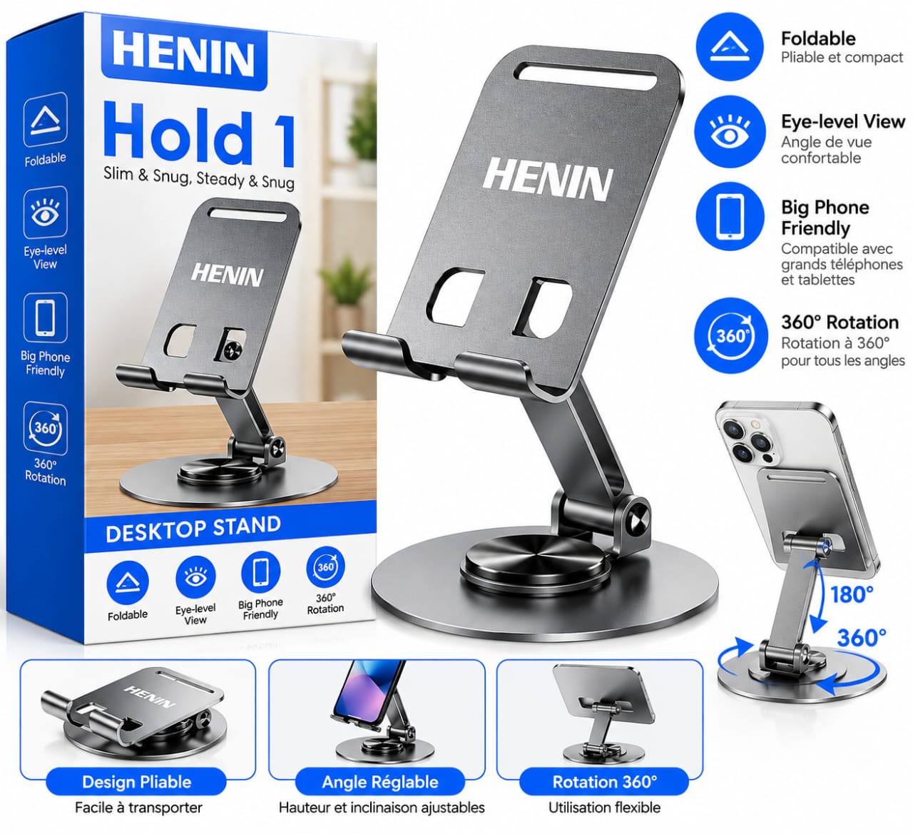 Support de téléphone HENIN Hold 1 – Pliable, réglable et rotation 360°