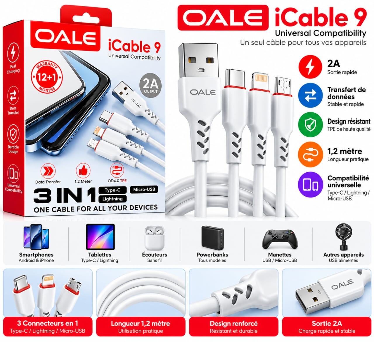 Câble de Charge OALE iCable 9 3-en-1 – Type-C, Lightning, Micro-USB, 2A, 1,2 m