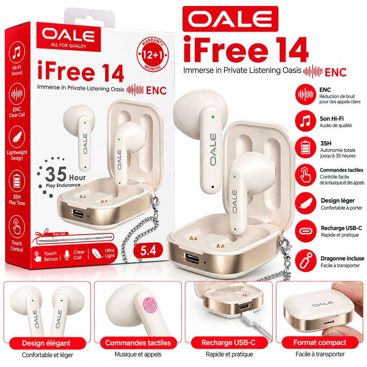 Écouteurs Bluetooth OALE iFree 14 – ENC, Bluetooth 5.4 et autonomie 35H