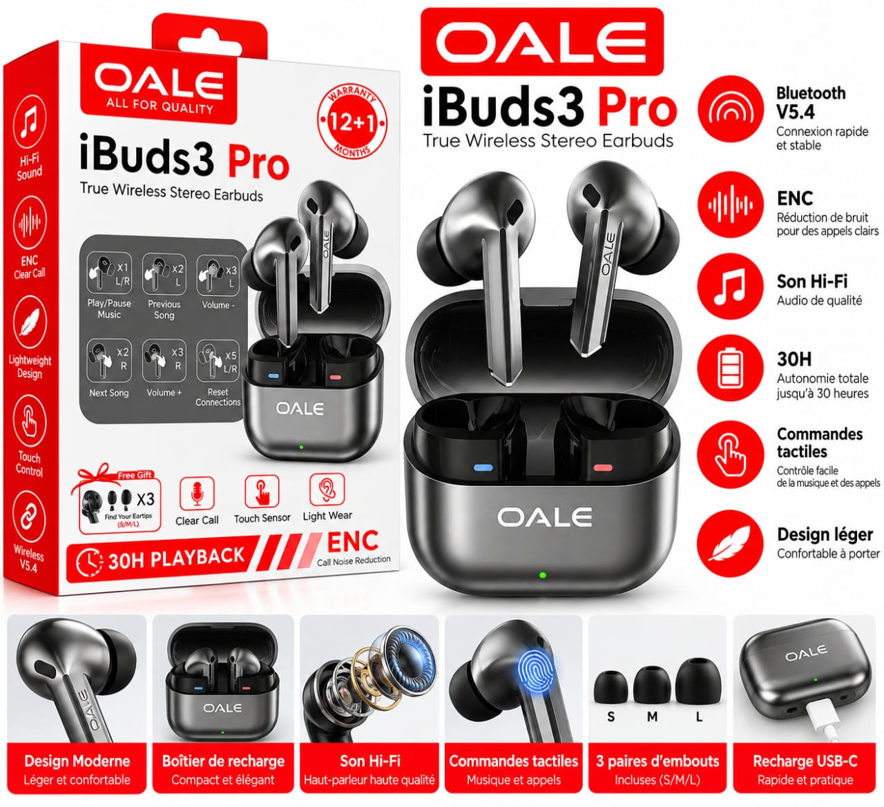 Écouteurs Bluetooth OALE iBuds3 Pro – Bluetooth 5.4, ENC et 30H d'Autonomie
