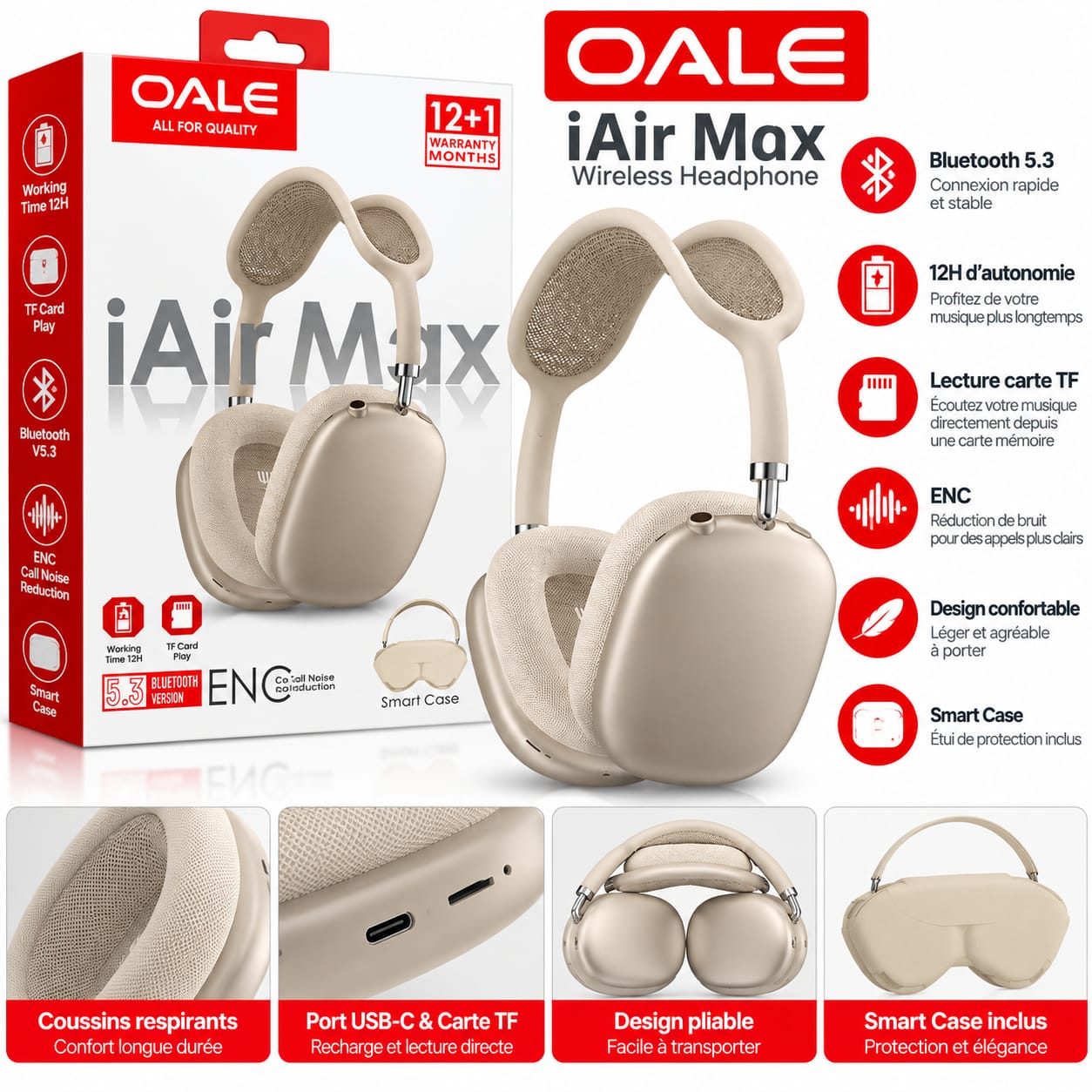 Casque Bluetooth OALE iAir Max – Bluetooth 5.3, Carte TF et Autonomie 12H