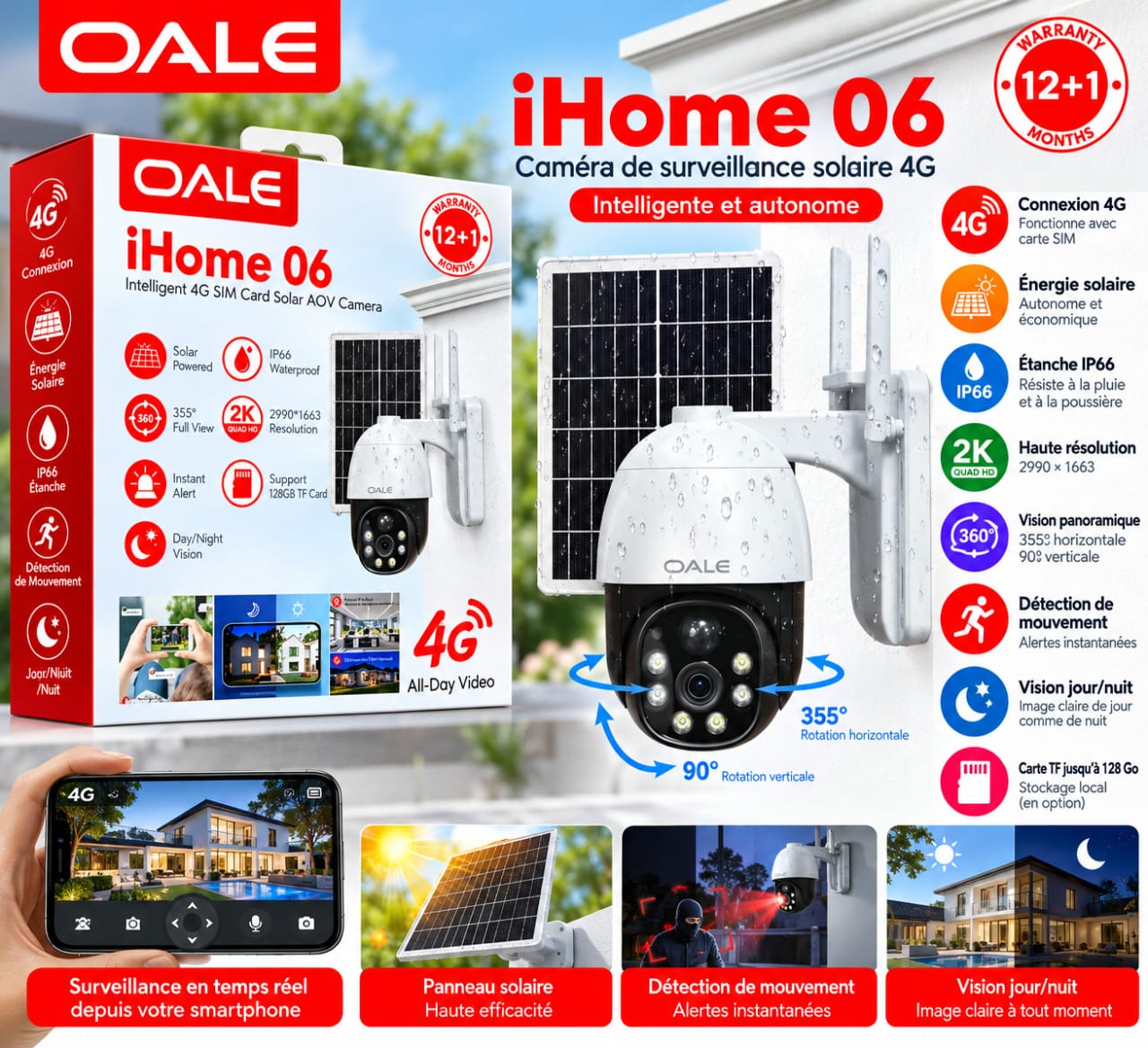 Caméra de surveillance solaire OALE iHome 06 – 4G SIM, 2K, vision nocturne et rotation 355°