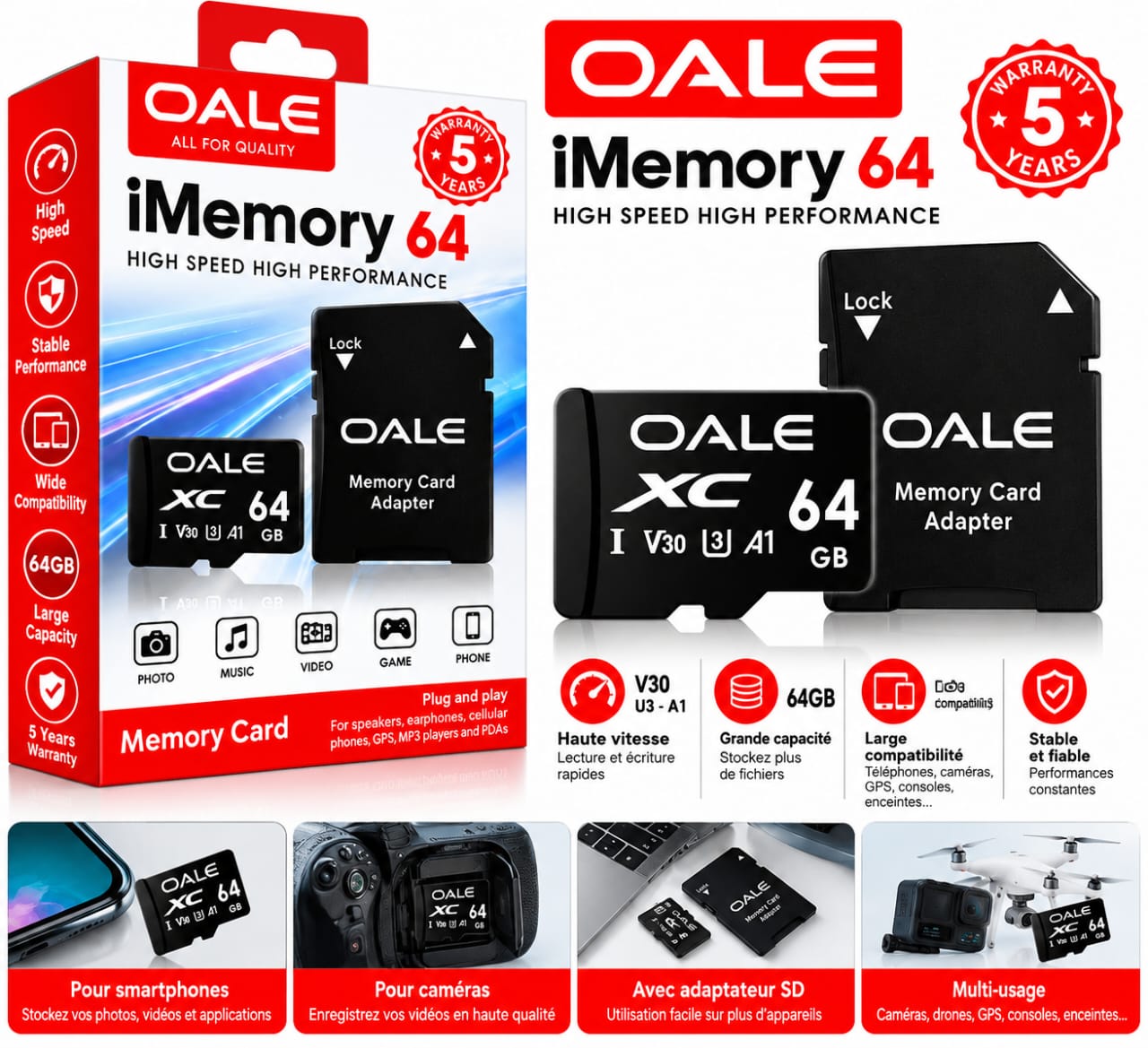 Carte Mémoire OALE 64 Go MicroSDXC U3 V30 A1 avec Adaptateur SD