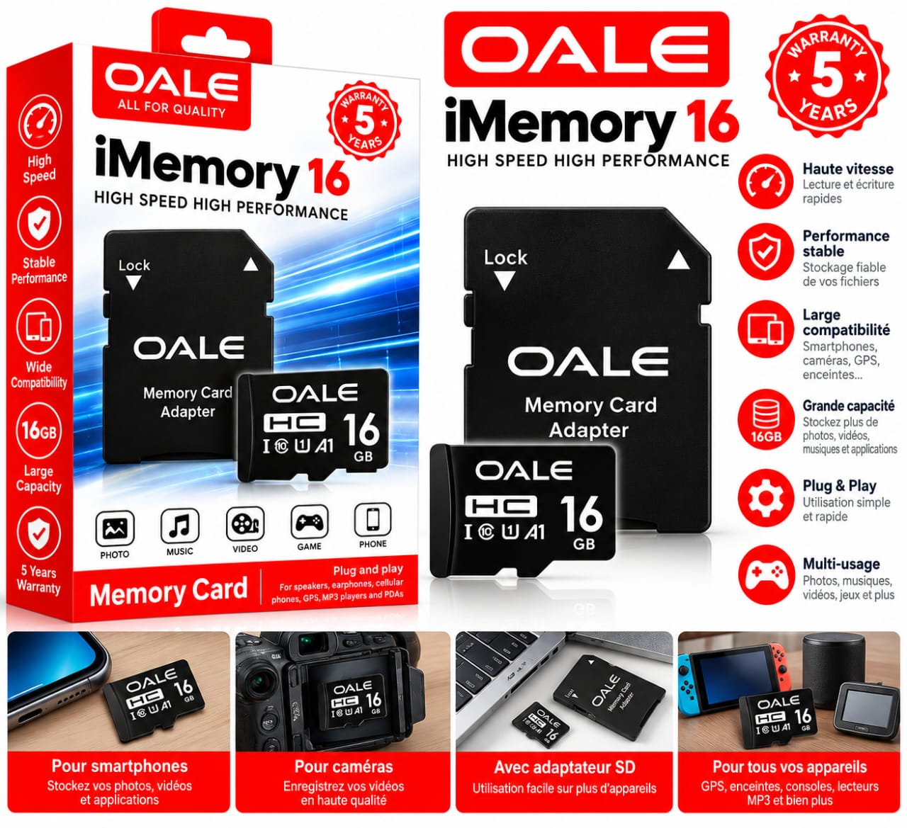 Carte mémoire OALE iMemory 16 Go – MicroSDHC avec adaptateur SD