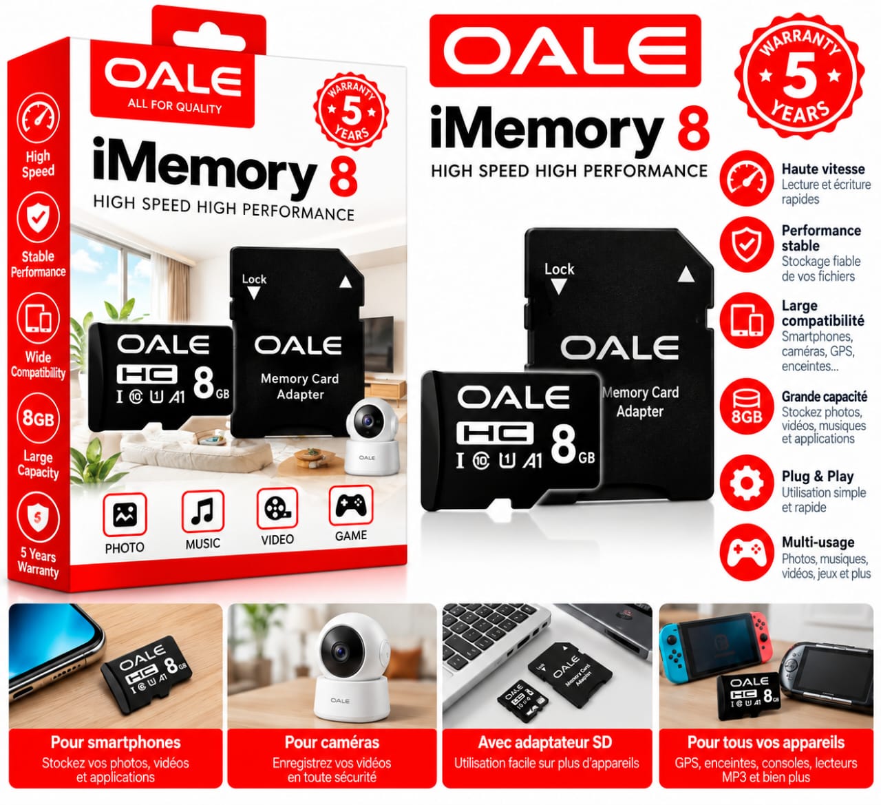 Carte mémoire OALE iMemory 8 Go – MicroSDHC avec adaptateur SD